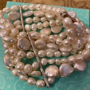 STELLA & DOT BRACELET COIN PEARL & MIXED SIZE PEARLS 2 " WIDE STRETCH W/ BARS